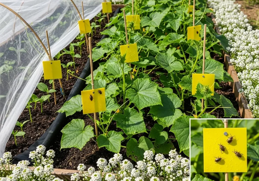Pest management for cucumbers in raised beds using yellow sticky traps and row covers for protection