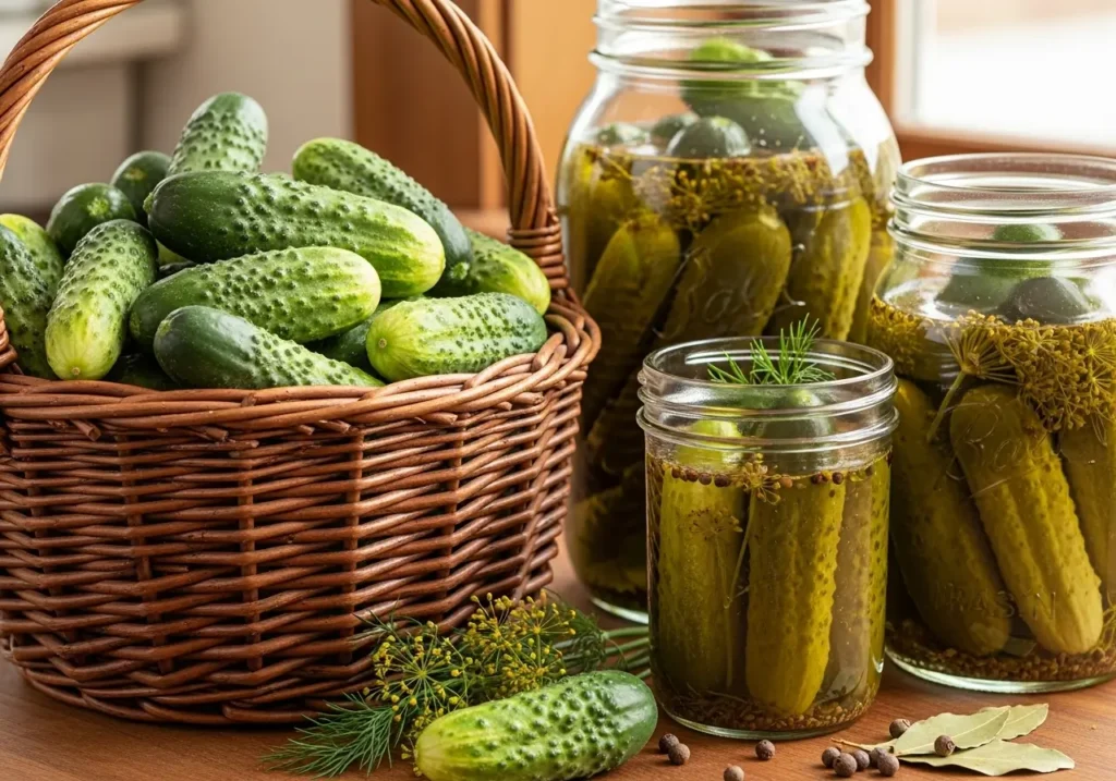Chicago pickling cucumber varieties in basket next to homemade pickle jars
