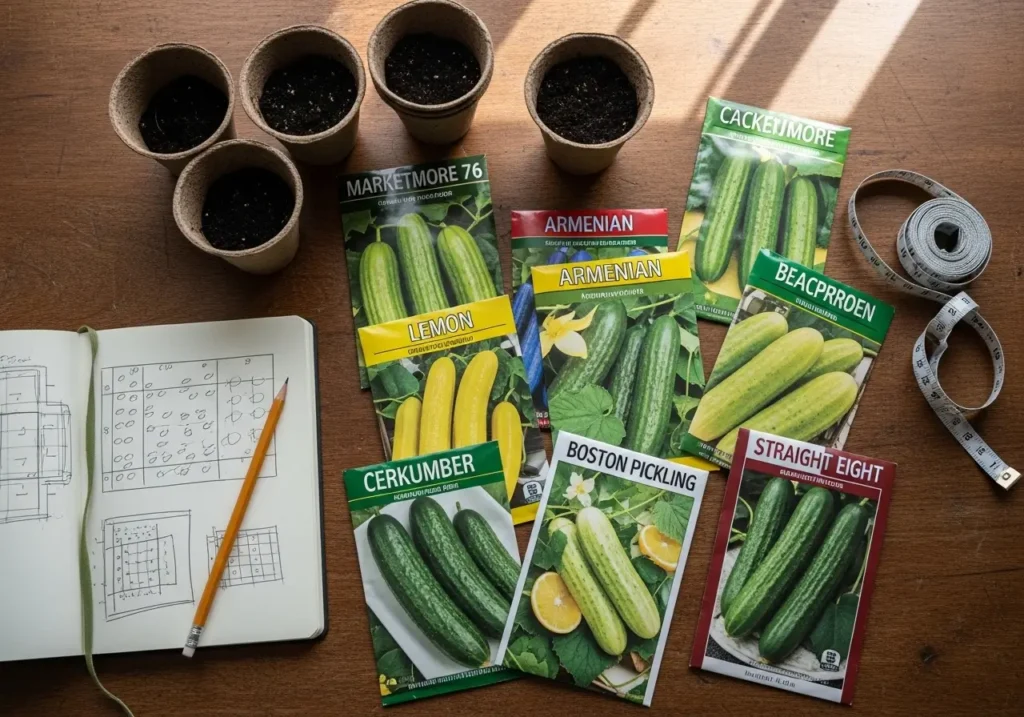 Planning cucumber varieties garden layout with seed packets and notebook