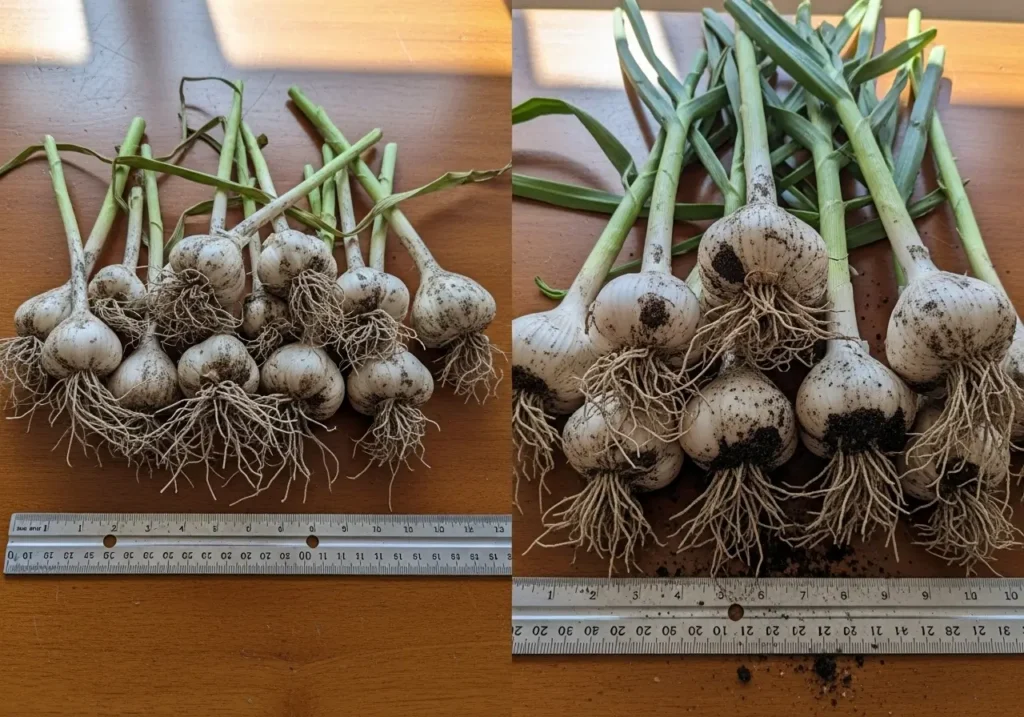 Garlic harvest comparison showing results of incorrect vs proper garlic planting depth