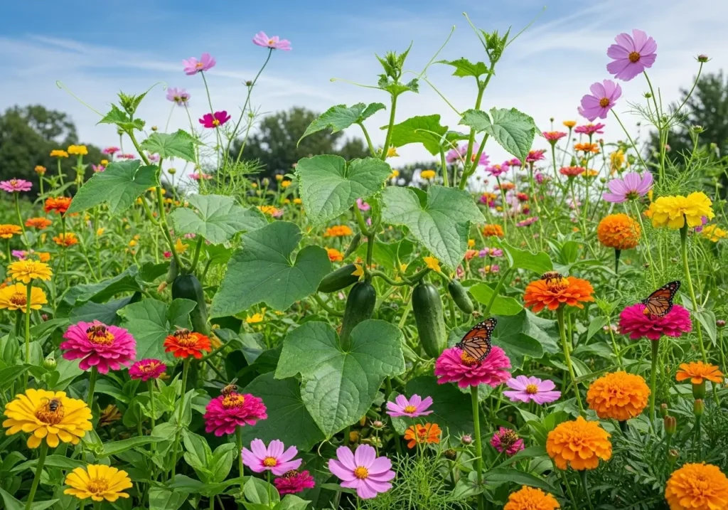 Pollinator-friendly garden supporting natural cucumber pollination with companion flowers