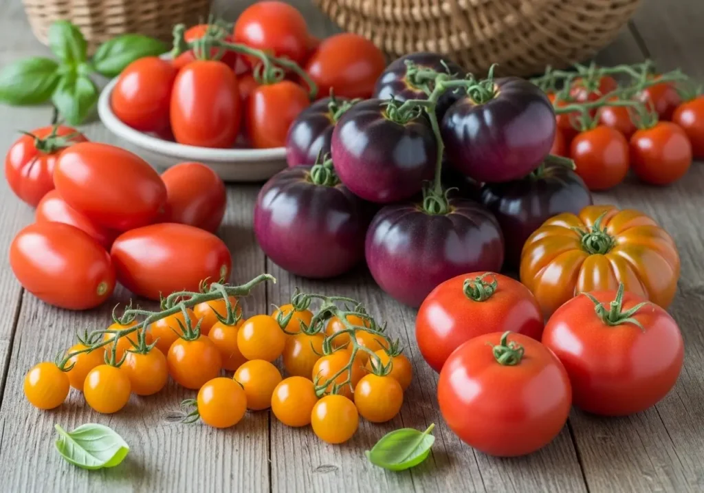 Harvest display showing popular determinate vs indeterminate tomato varieties including Roma and Cherokee Purple