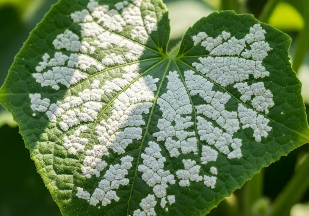 Powdery mildew on cucumber leaf showing white fungal growth cucumber plant problems
