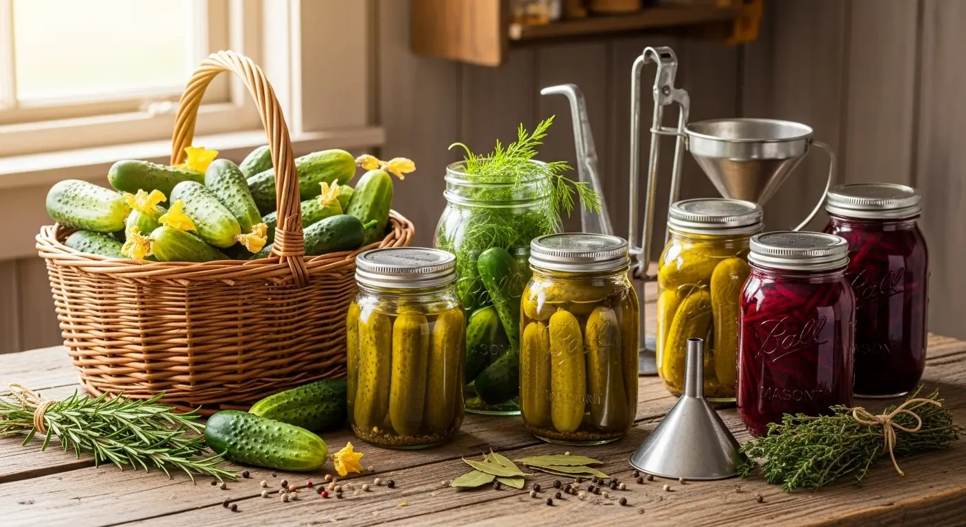Preserving fresh cucumbers methods including pickles and canning jars on kitchen counter