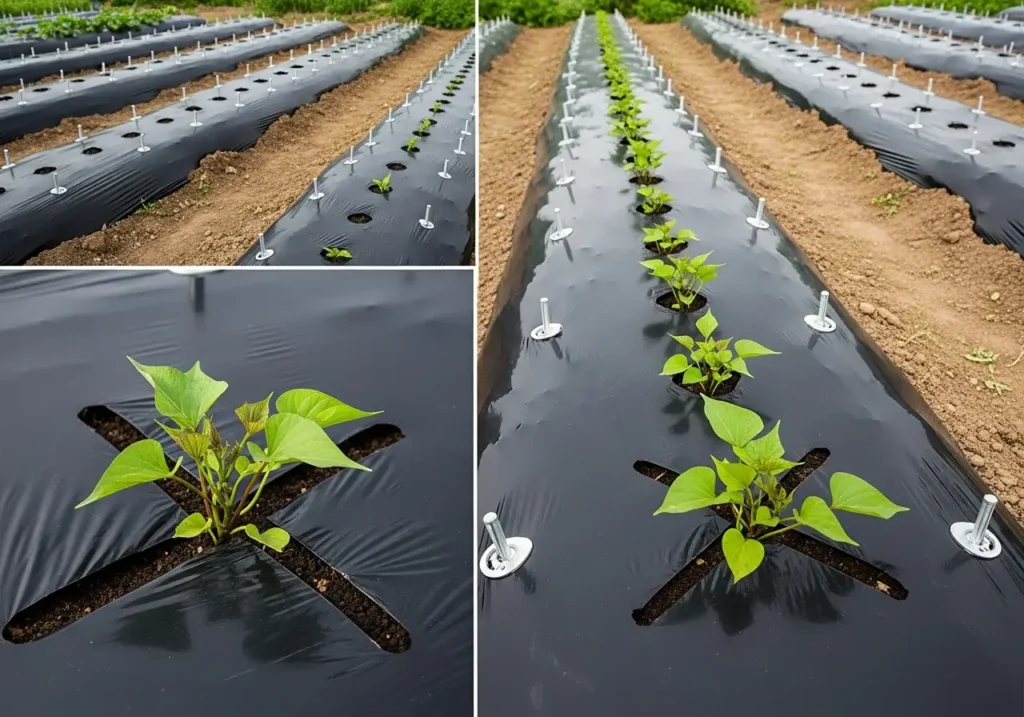 Detailed black plastic mulch sweet potatoes setup with landscape pins and proper plant spacing