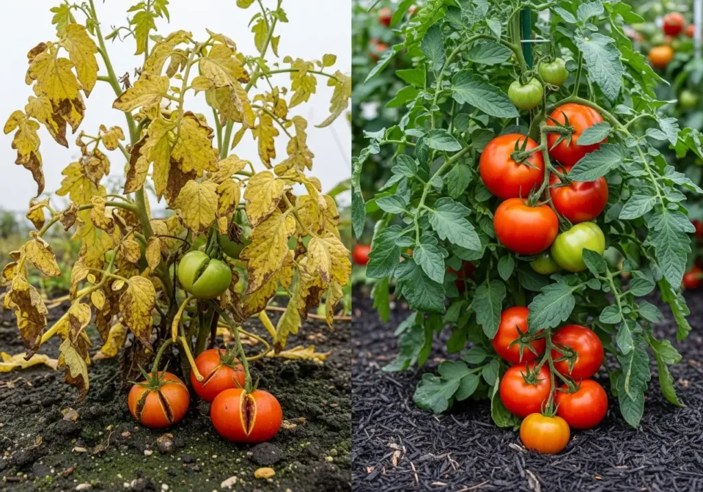 Watering schedule for tomatoes comparison showing overwatered versus properly watered plants