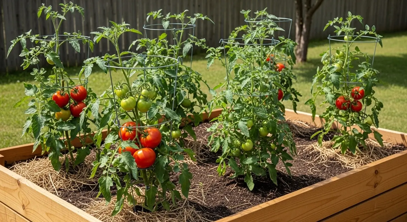 Perfect raised bed tomatoes growing in wooden garden bed with proper spacing and support