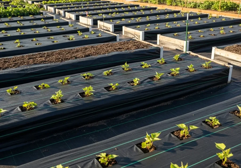 Raised rows prepared according to sweet potato soil requirements with black mulch covering