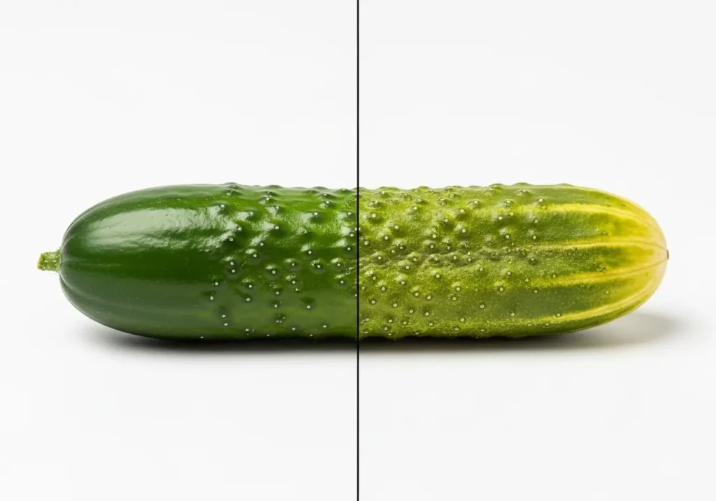 Cucumber harvesting comparison showing ready cucumber versus overripe yellow cucumber