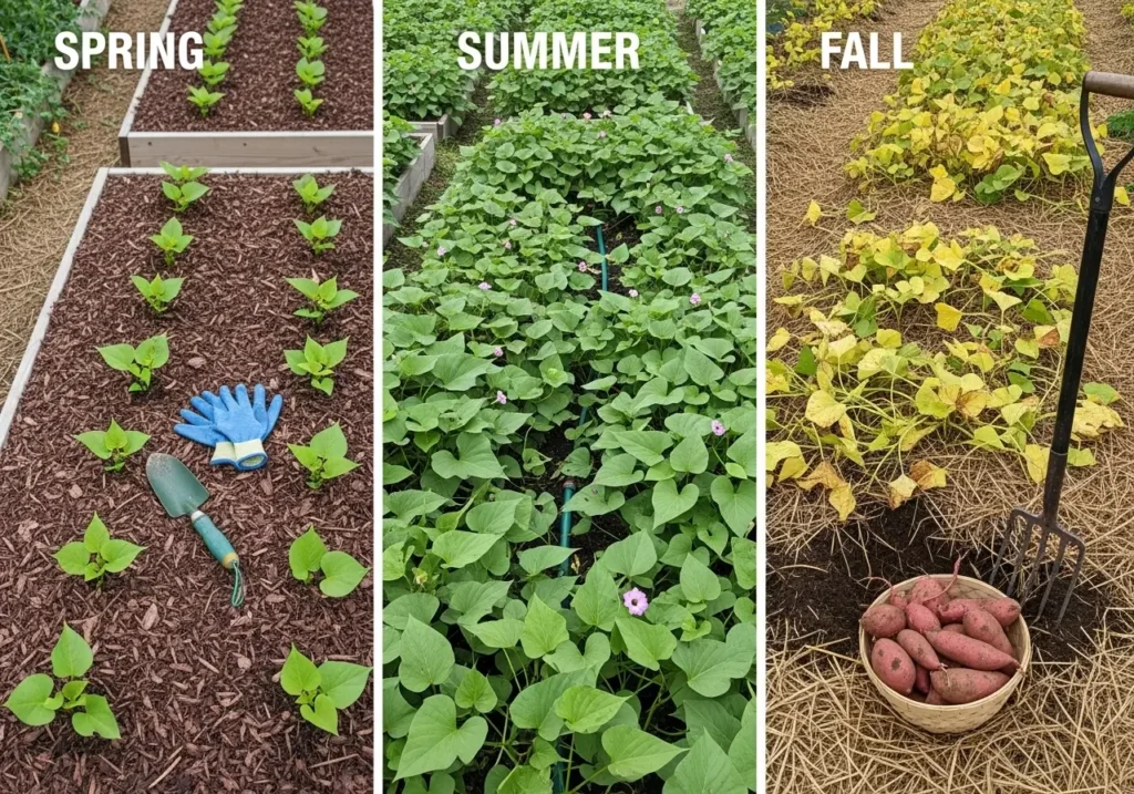 Sweet potato watering schedule adjustments through seasons showing different growth stages and watering methods