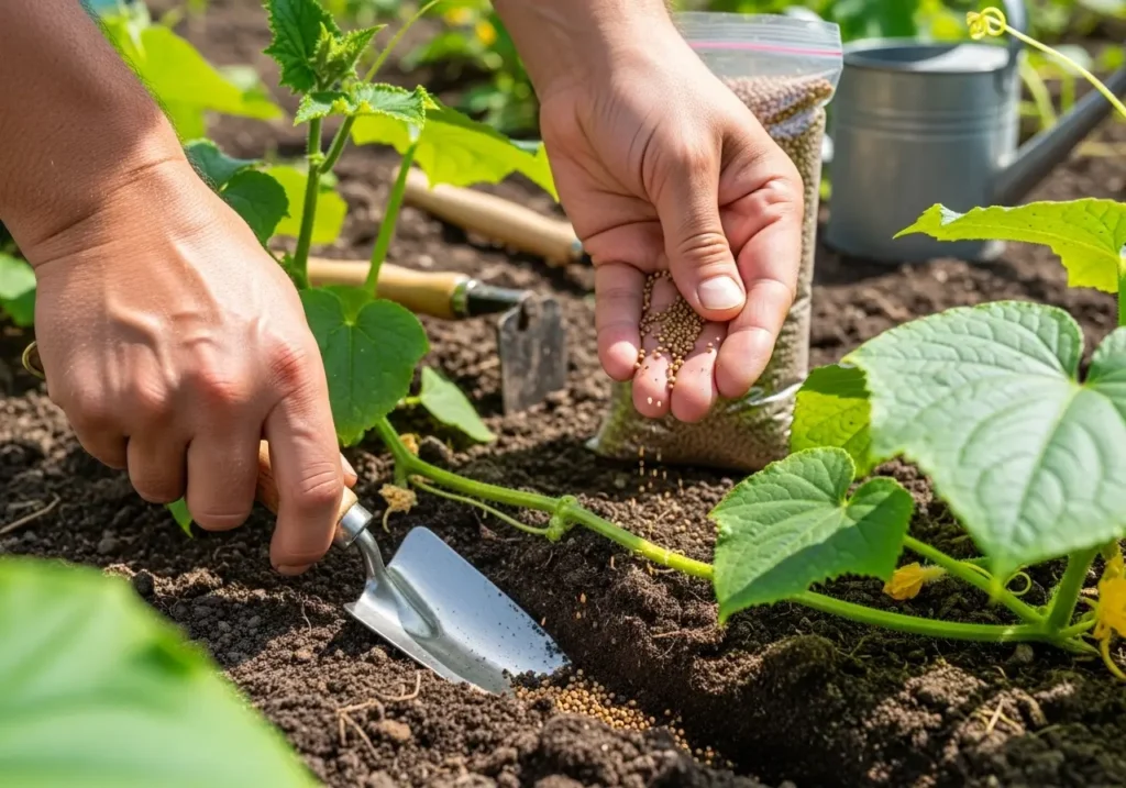 Side-dressing cucumber fertilization technique showing proper application method around plant base
