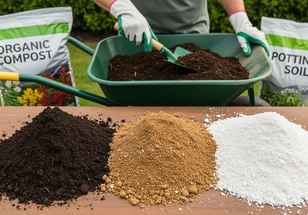 Perfect soil mix components for cucumbers in raised beds showing compost, potting soil, and perlite
