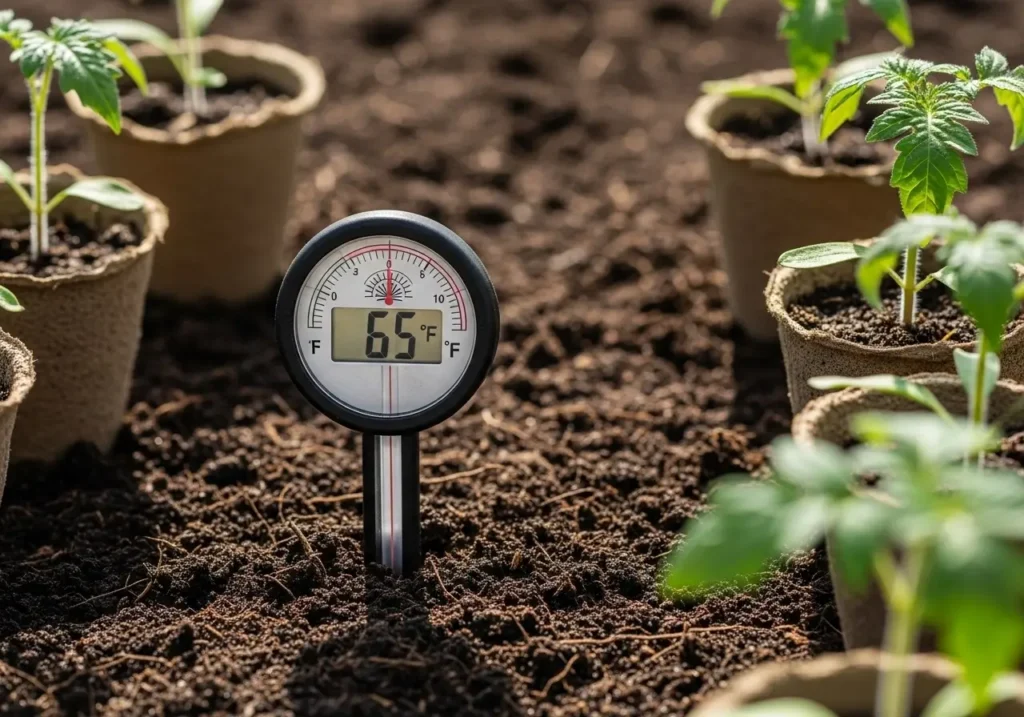 Soil thermometer reading 65 degrees showing when to plant tomatoes safely