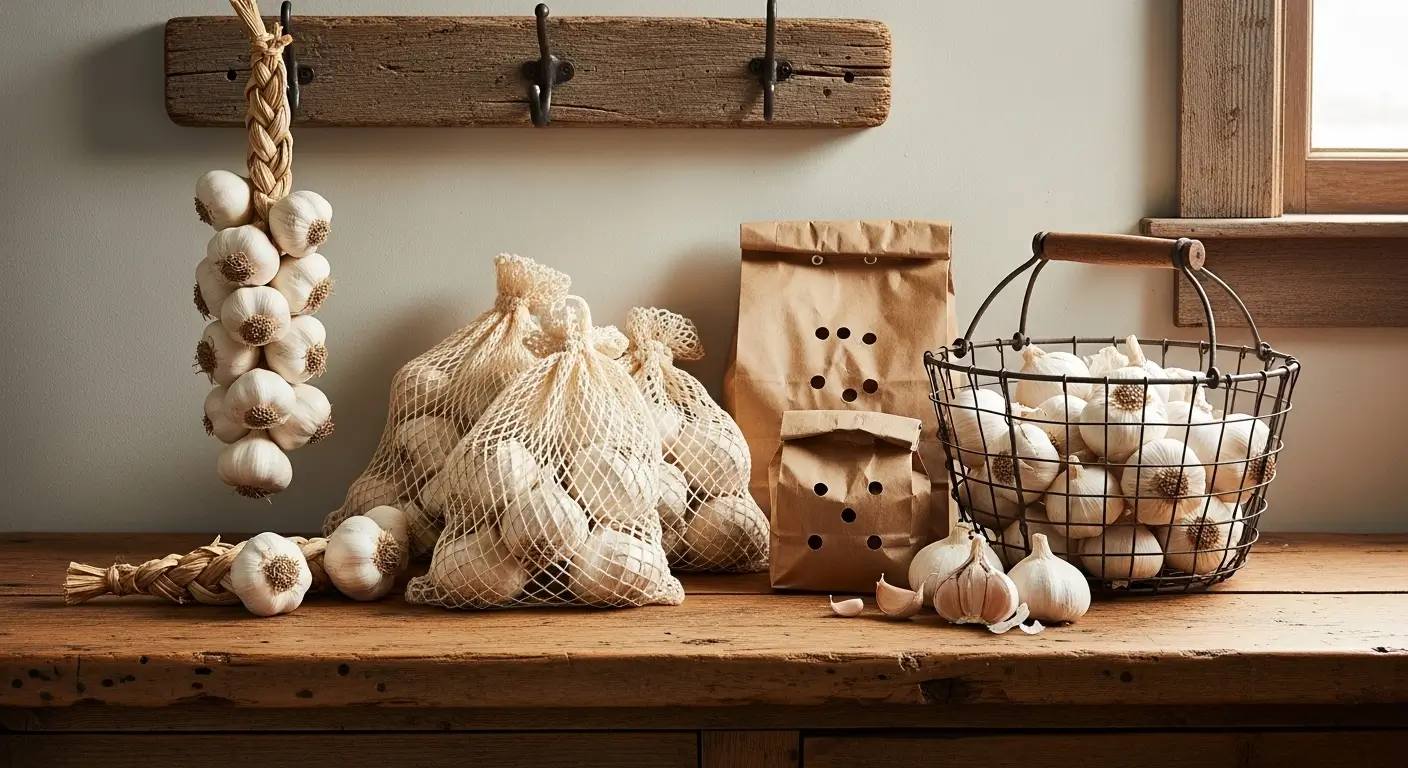Various methods for storing garlic including braids, mesh bags, and wire baskets