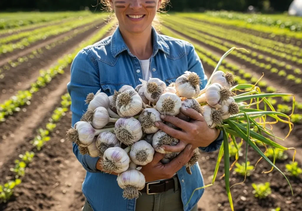 Large, healthy garlic bulbs harvested from properly prepared soil showing garlic soil preparation success