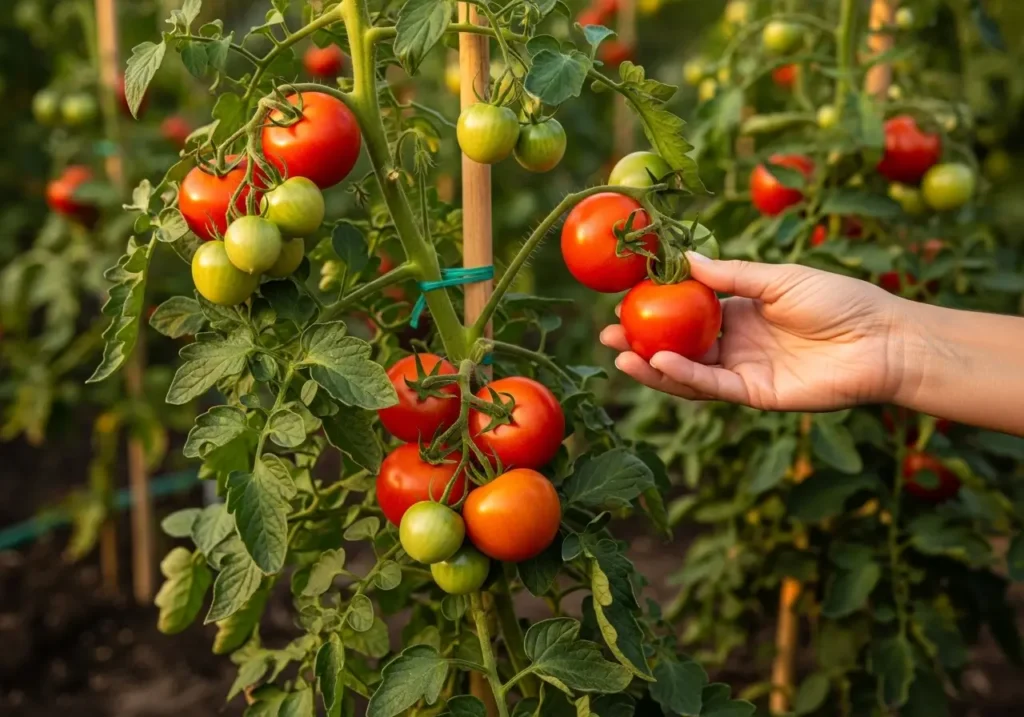 Successfully pruned tomato plants producing abundant harvest in home garden