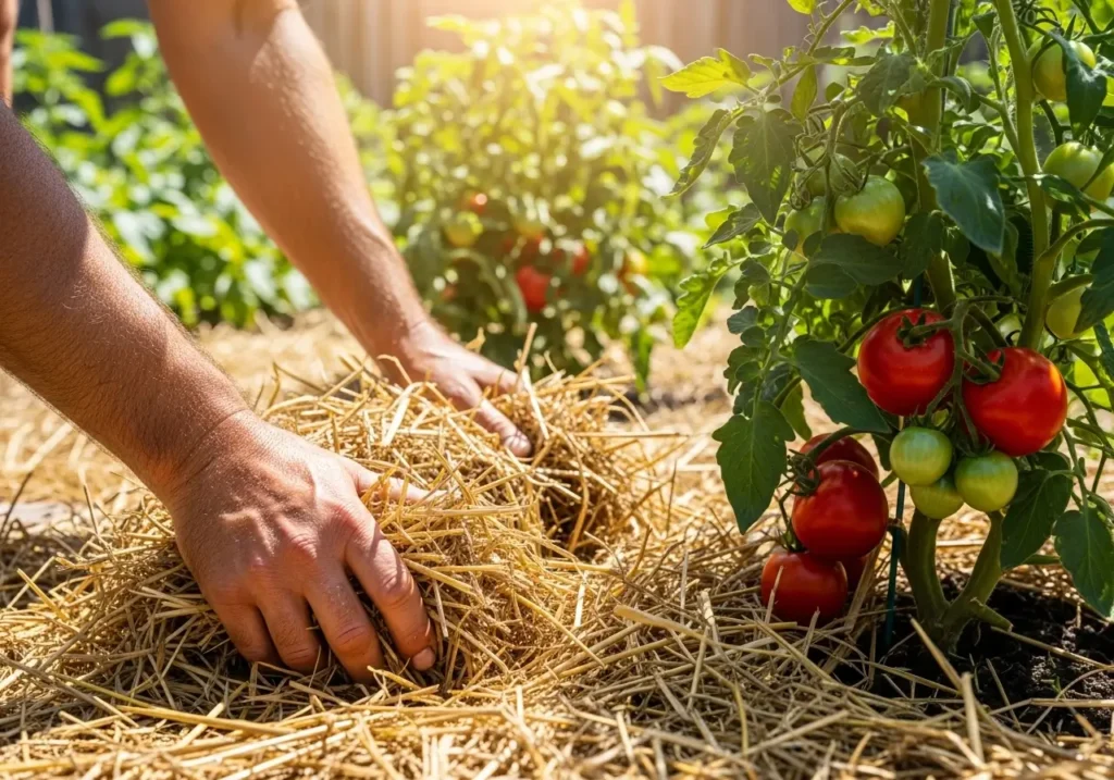 Summer maintenance of mulching tomatoes showing how to refresh mulch layer mid-season