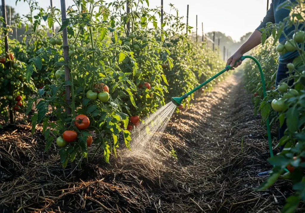 Summer watering schedule for tomatoes in full production with morning watering routine