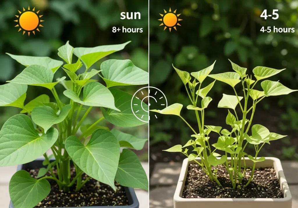 How much sun do sweet potatoes need comparison showing full sun versus partial shade growth