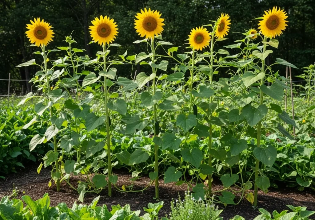 Natural living support cucumber trellis ideas using sunflowers as climbing structure