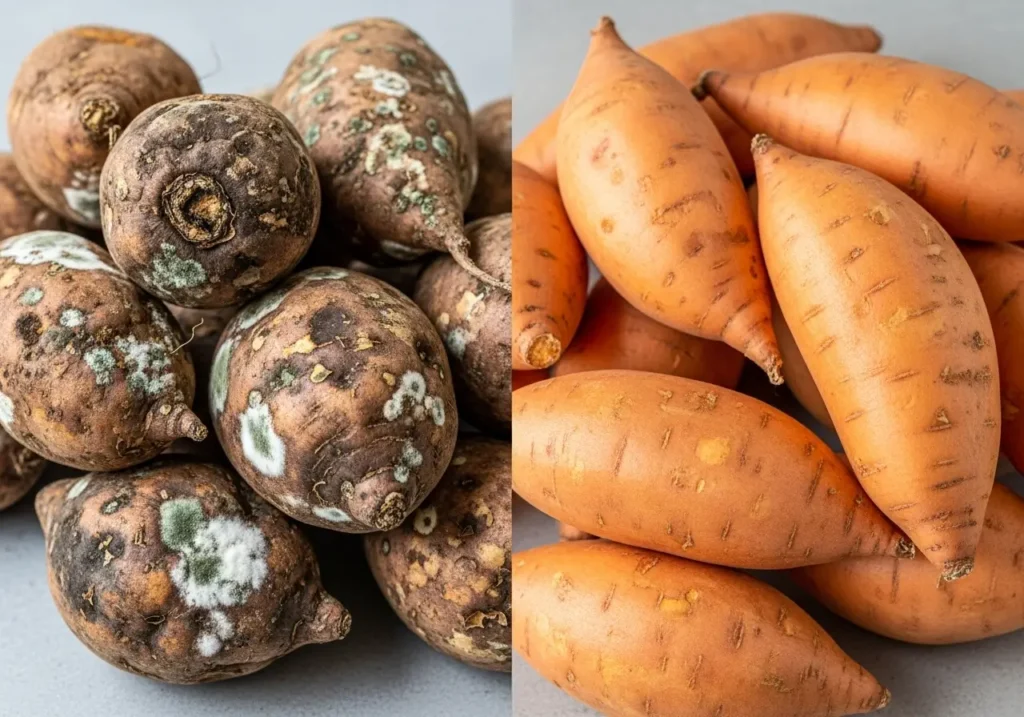 Comparison showing why learning how to cure sweet potatoes prevents storage rot