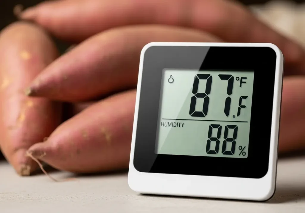 Digital thermometer showing proper temperature and humidity for how to cure sweet potatoes