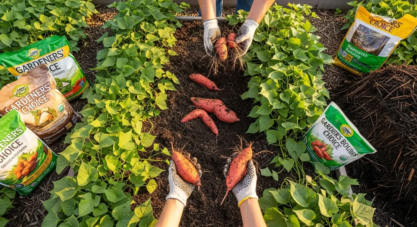 Sweet potato fertilizer requirements guide showing healthy harvest and organic fertilizers
