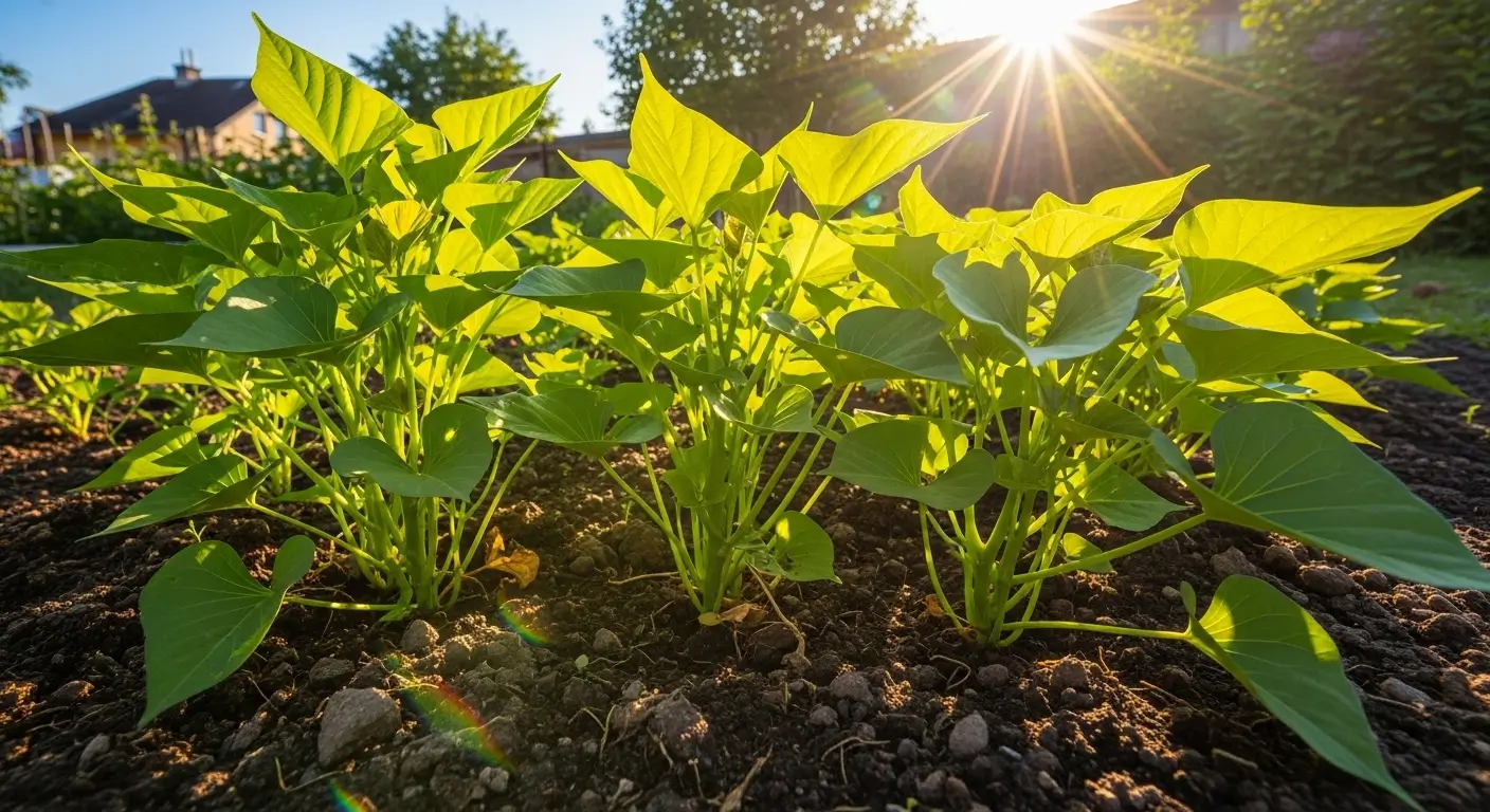 Sweet potato sunlight requirements shown in full sun garden bed with healthy vines