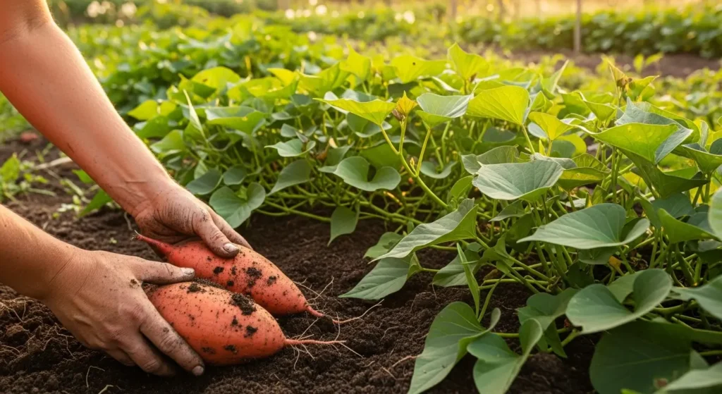 Harvesting homegrown sweet potatoes from plants started as slips using water propagation method