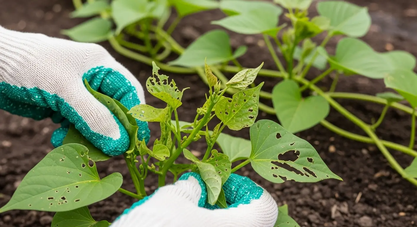 Sweet potato pest control examination showing damaged leaves and healthy vines in garden