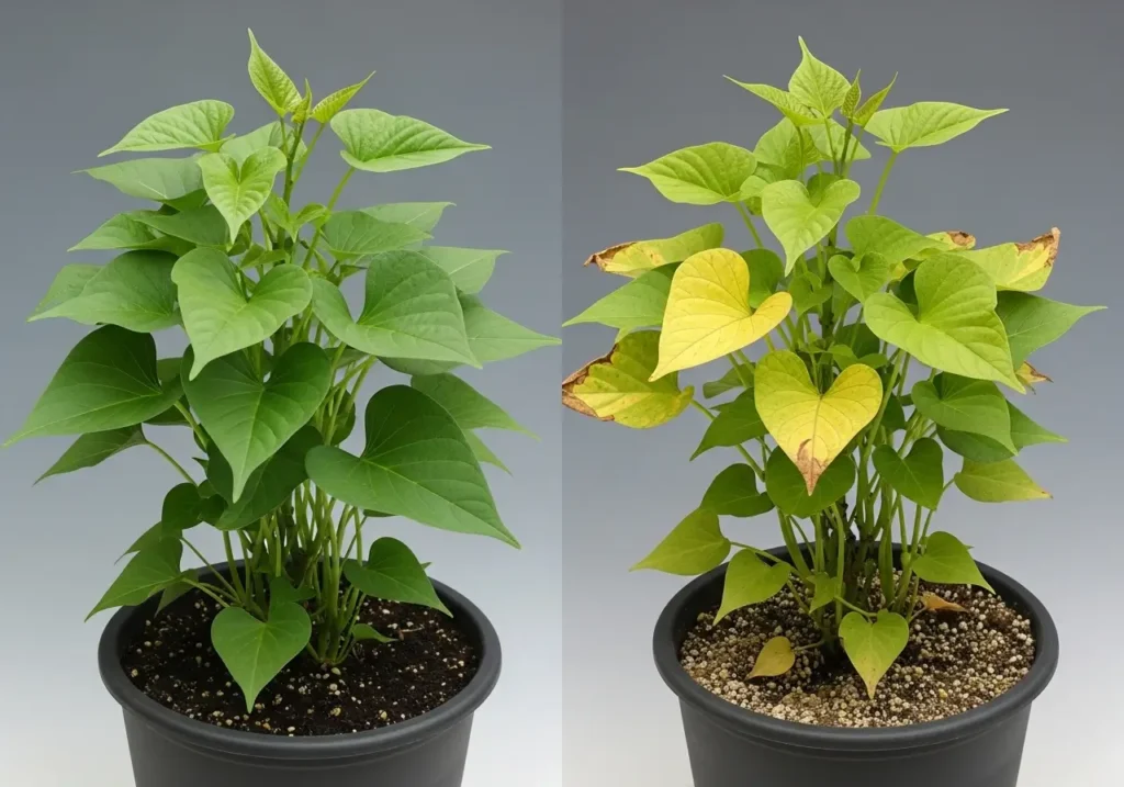 Sweet potato fertilizer requirements comparison showing healthy vs nutrient-deficient plants