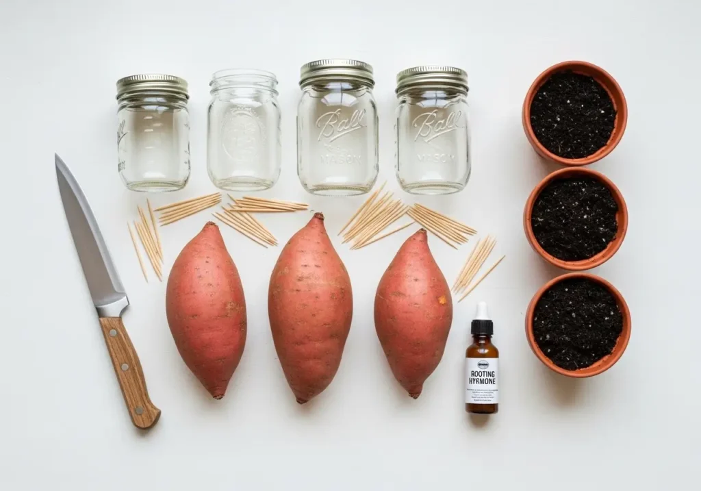 Materials needed to make sweet potato slips including organic sweet potatoes and mason jars