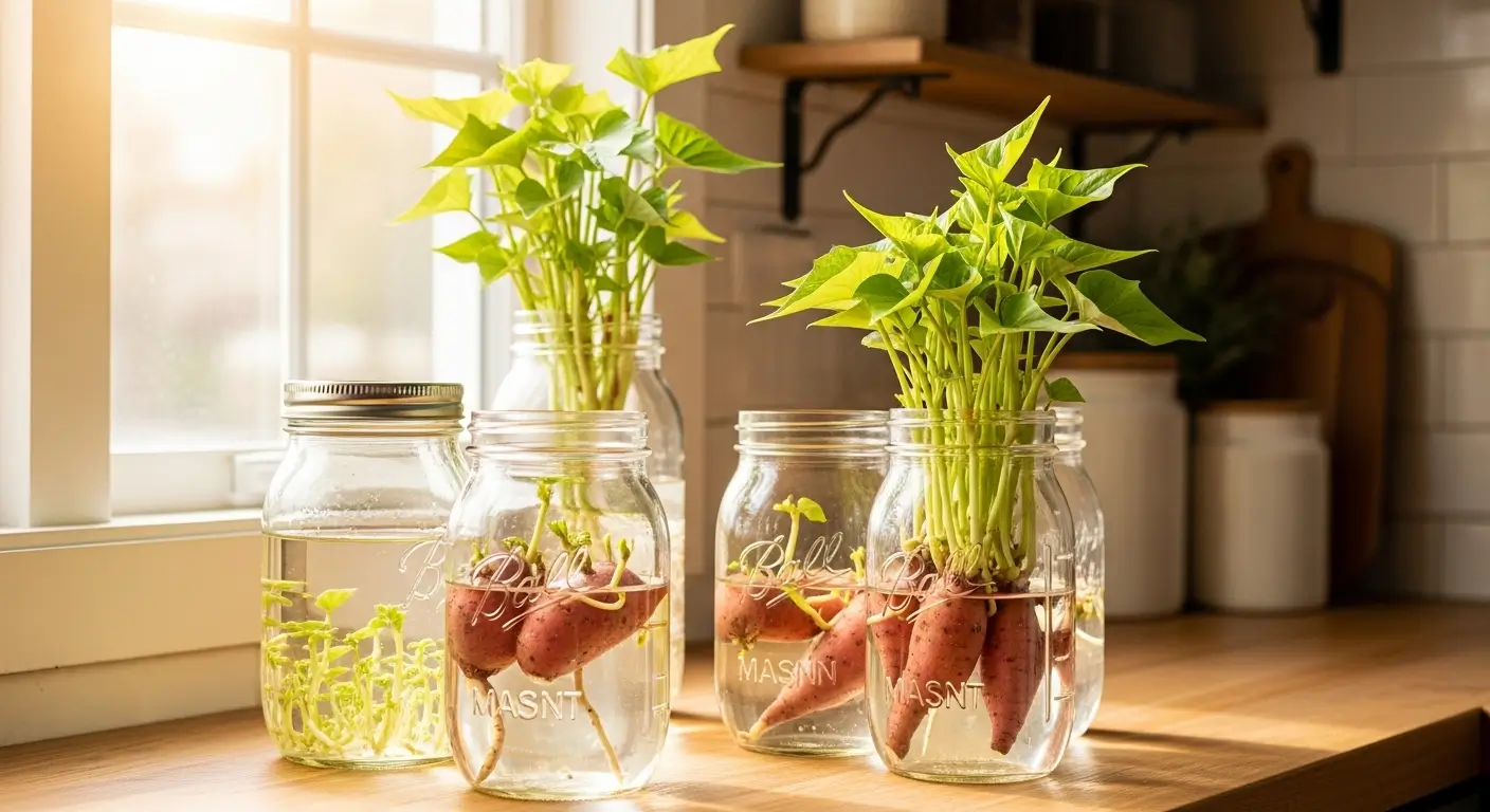 How to make sweet potato slips in mason jars on sunny kitchen windowsill