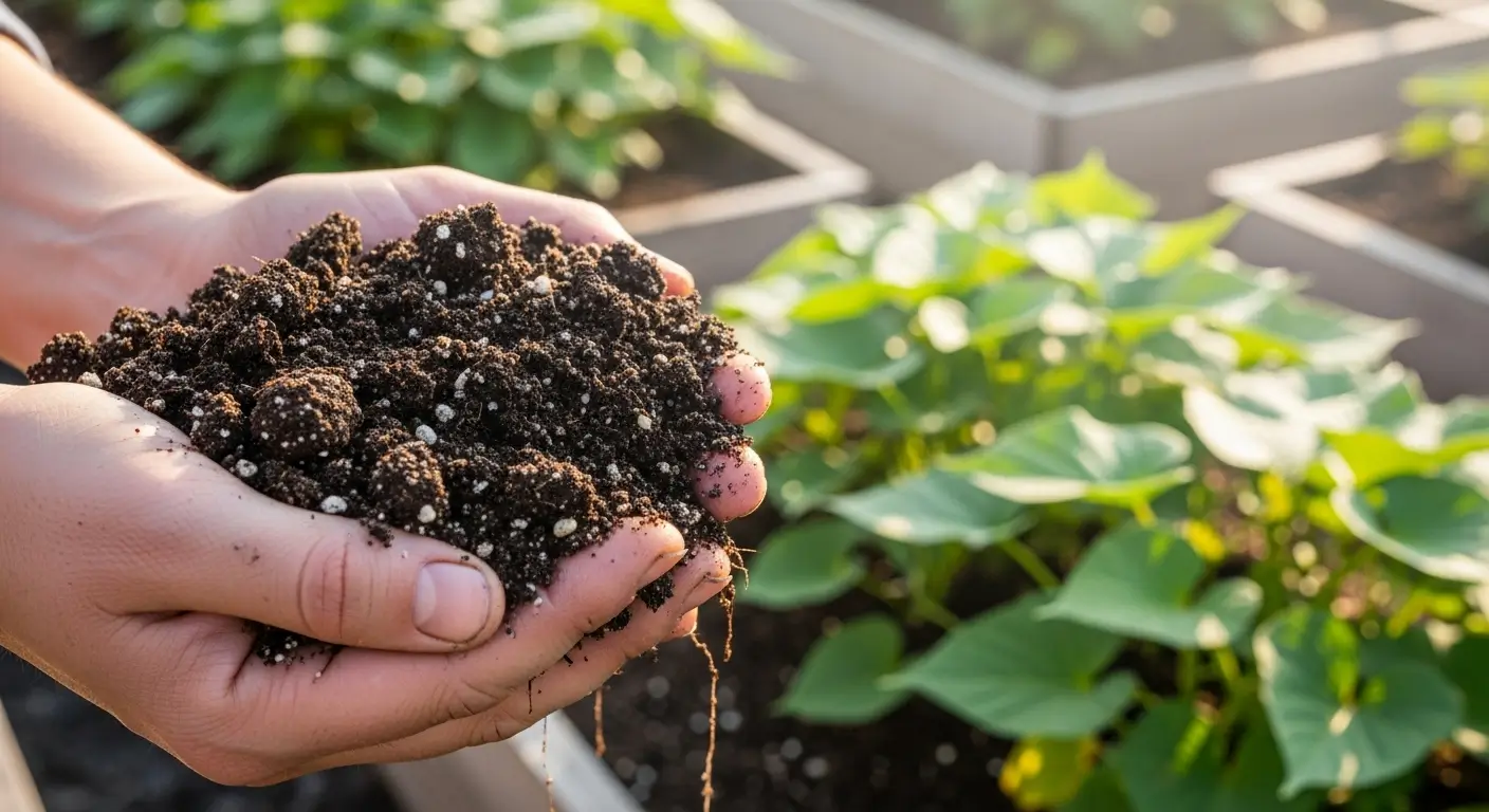 Perfect sweet potato soil requirements showing rich dark soil in gardener's hands