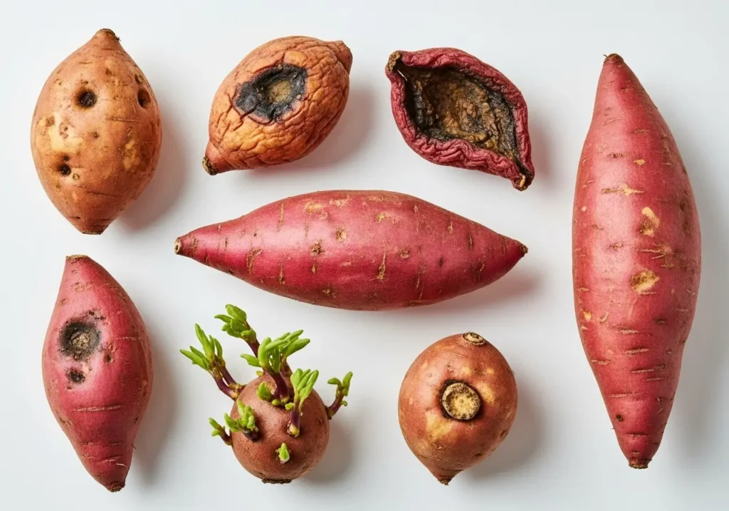 Warning signs of sweet potato spoilage during long term storage including soft spots and sprouting