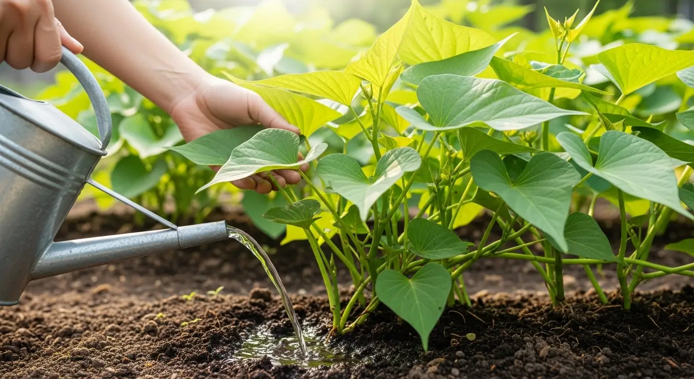 Person following sweet potato watering schedule by watering healthy sweet potato plants in home garden