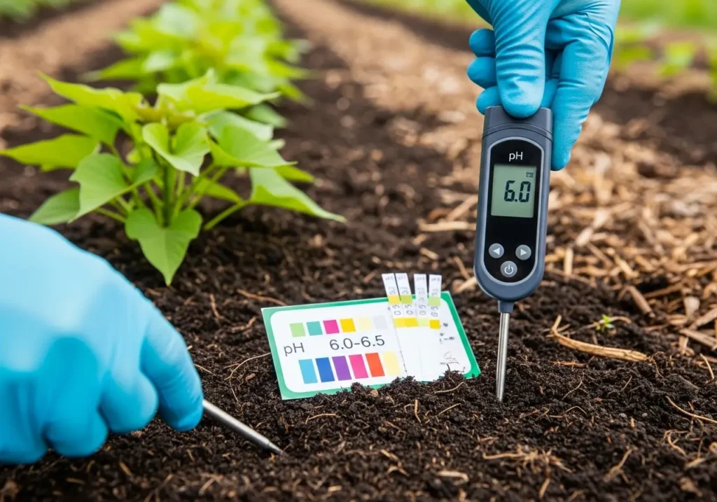 Testing soil pH for sweet potato soil requirements using digital meter