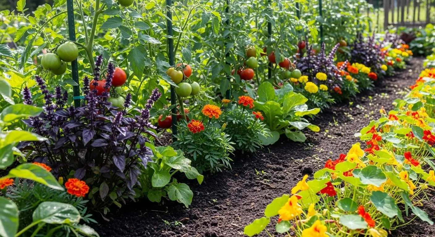 Thriving tomato companion plants garden with basil marigolds and nasturtiums growing together