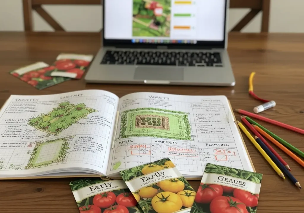 Garden planning journal with fastest growing tomatoes planting schedule and variety selection