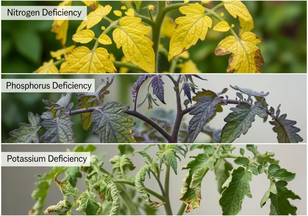 Nutrient deficiency symptoms in tomato plants showing importance of proper fertilizing tomato plants