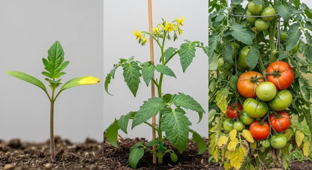 Three growth stages of tomato plants showing when fertilizing tomato plants needs change