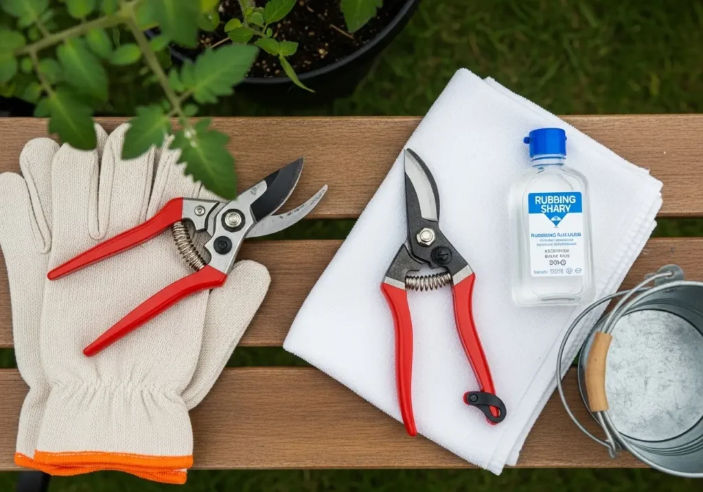 Essential tools for pruning tomato plants including shears, alcohol, and gloves