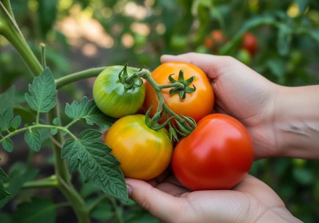 Tomatoes ripening at different stages showing final phase of how long tomatoes take to grow