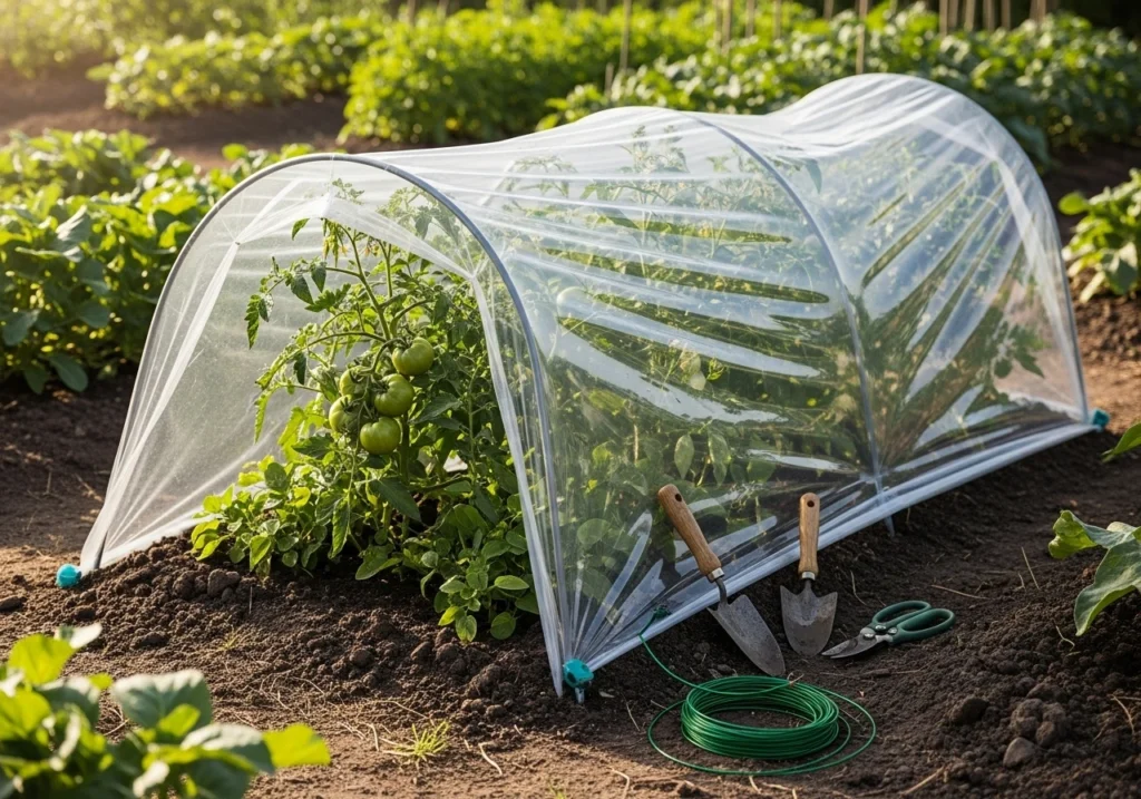 Row cover protecting tomato plants to reduce how long tomatoes take to grow