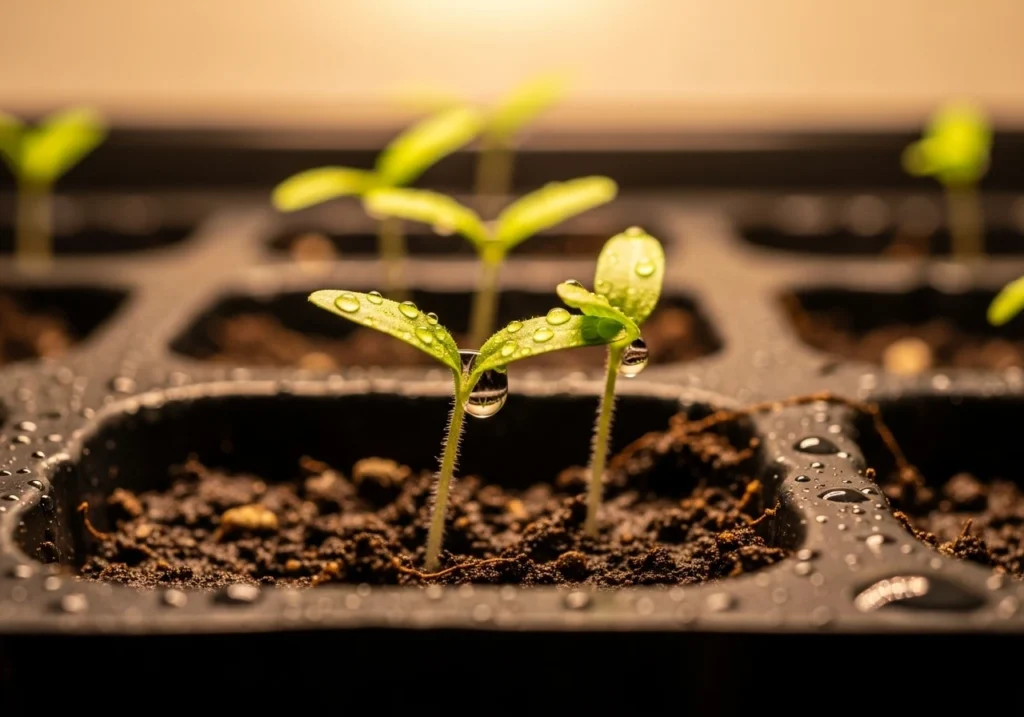 Tomato seedlings germinating showing early stage of how long tomatoes take to grow