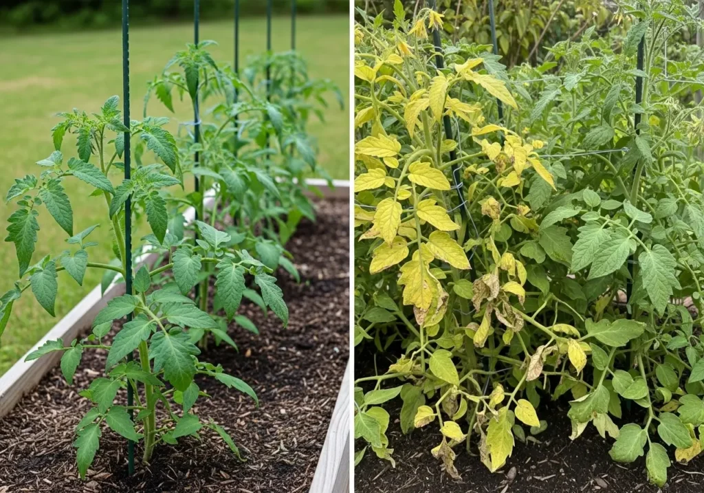 Proper spacing of disease resistant tomatoes compared to overcrowded plants showing importance of air circulation