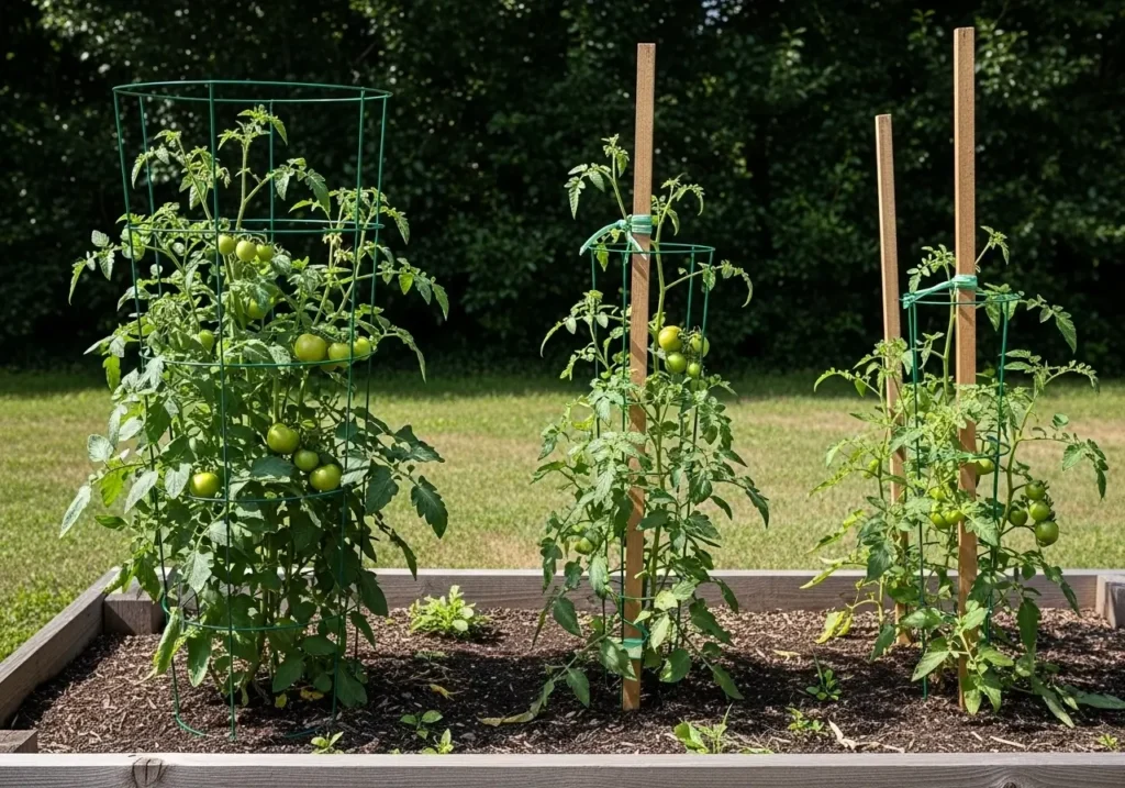 Support systems for raised bed tomatoes including cages and stakes for healthy growth