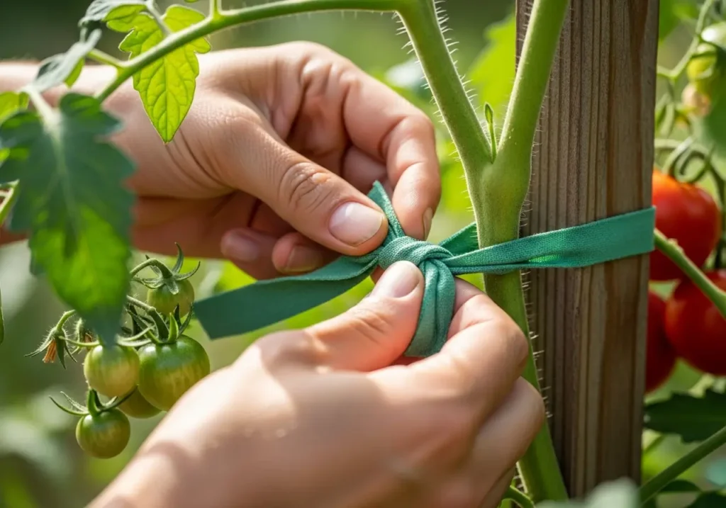 Hands tying tomato plant to trellis showing proper maintenance of support system