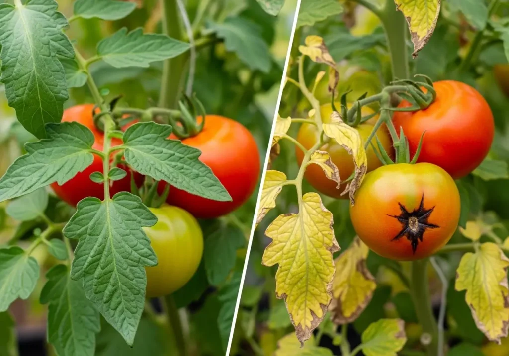 Tomato plant problems from incorrect watering schedule showing healthy vs unhealthy signs