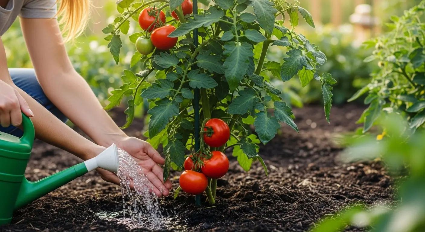 Perfect watering schedule for tomatoes showing deep watering technique in home garden